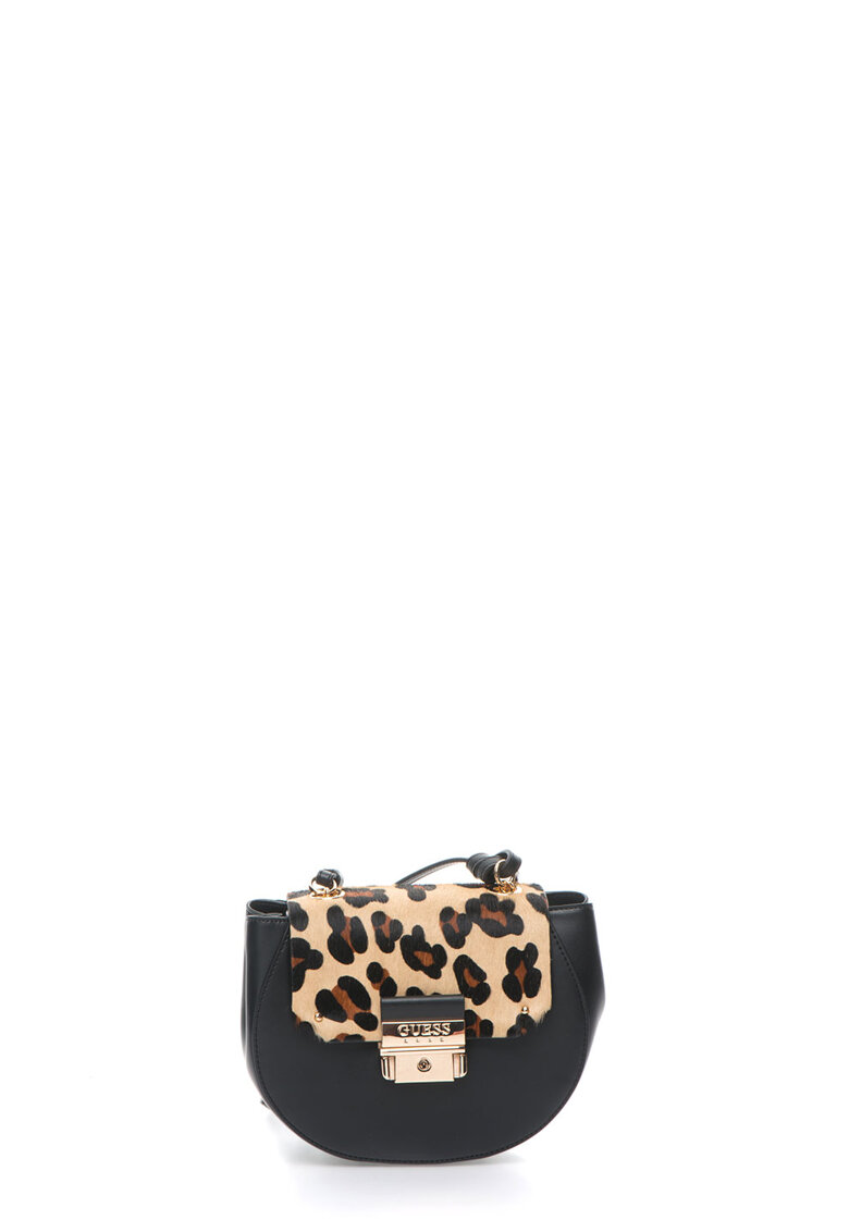Geanta crossbody neagra de piele si piele cu par scurt